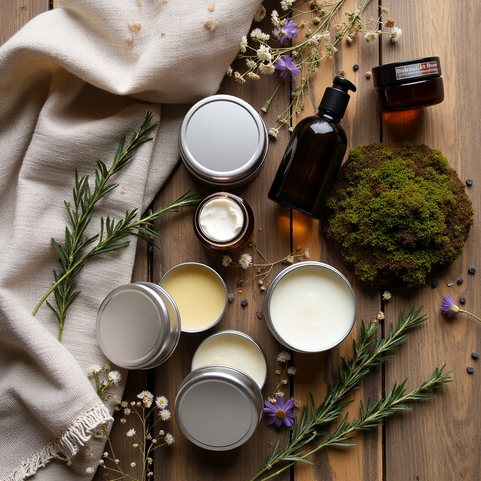 A flat lay captures a collection of natural skincare products arranged on a rustic wooden surface alongside sprigs of rosemary, small white and purple flowers, and a patch of green moss. Several round silver tins, some open to reveal creamy yellow and white balms, are centrally positioned. A dark amber glass bottle with a black pump dispenser lies to the right of the tins, and a small dark jar with a label is visible at the top right. A folded piece of light beige fabric drapes across the left side of the frame. The overall composition suggests a focus on natural and botanical ingredients for skincare.