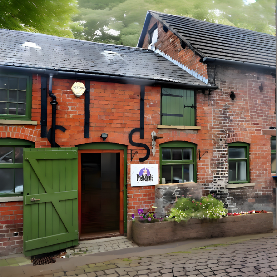 A charming two-story brick building with green trim and a dark tiled roof is captured on a slightly overcast day. The building appears to be a shop or business, indicated by a sign near the entrance that reads "Posh Brats Botanicals" with a logo featuring a stylized image of a child. The entrance has a partially open green wooden door, and there are green shutters on some of the windows. Black drainpipes run down the red brick walls. A stone planter box filled with colorful flowers sits in front of one of the windows. The building is situated on a paved walkway.
