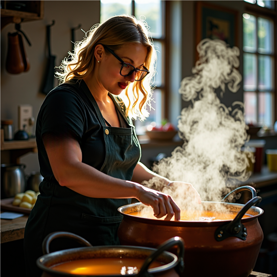 A blonde woman wearing glasses and a dark apron is cooking in a sunlit kitchen. She is stirring a large, steaming copper pot with both hands, her gaze focused on the contents. Another copper pot is visible in the foreground. The kitchen has a rustic charm, with sunlight streaming through a window with multiple panes. Various kitchen items and ingredients are subtly visible in the background, creating a warm and active culinary scene.