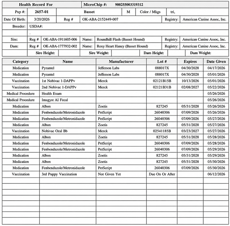 Example puppy health record from TX Puppy Place