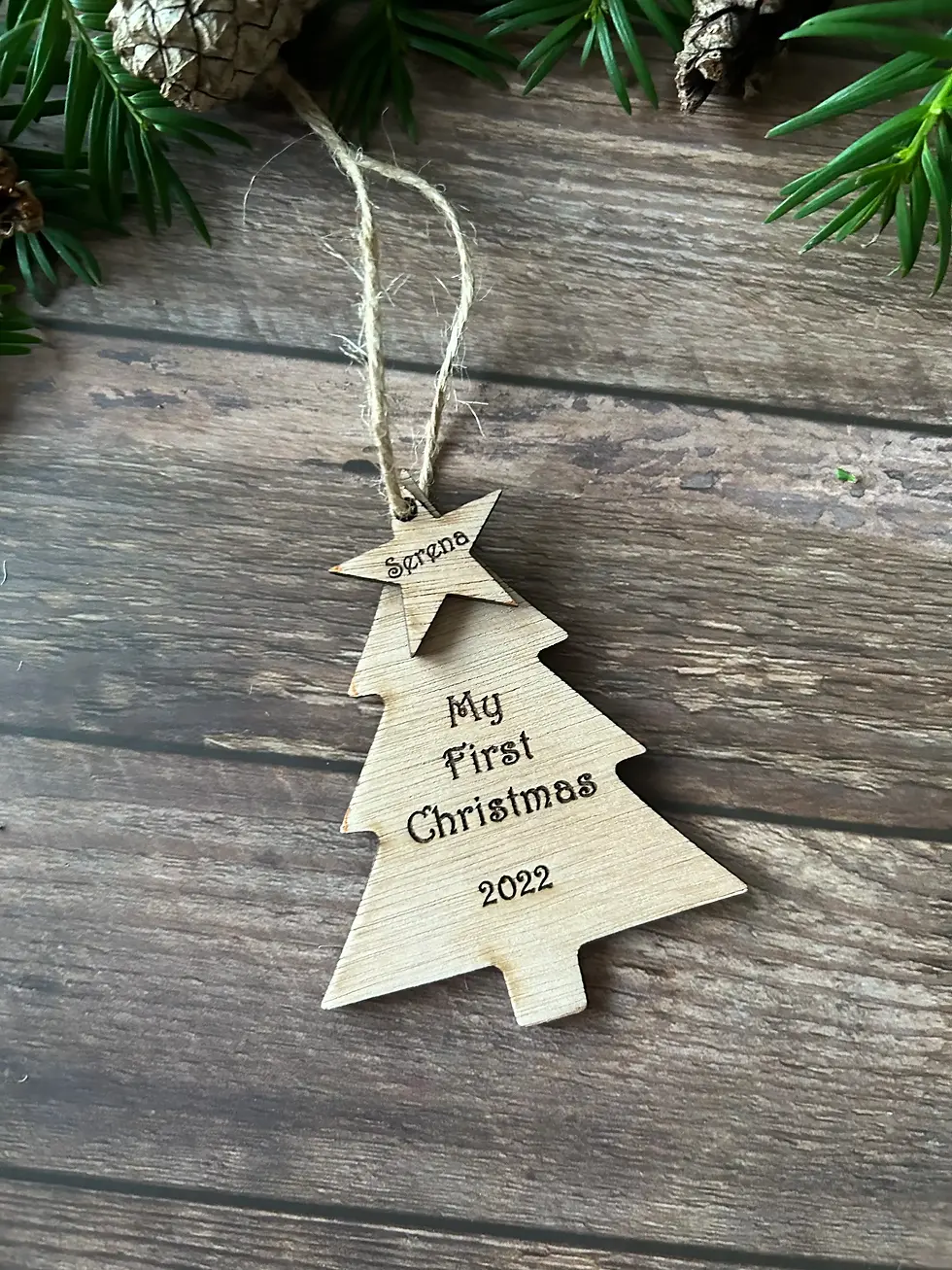 Thumbnail: Personalised Wooden First Christmas Tree Decoration