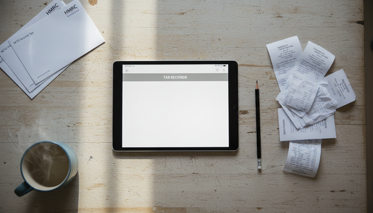 Overhead view of a tablet showing a blank tax app screen beside paper receipts
