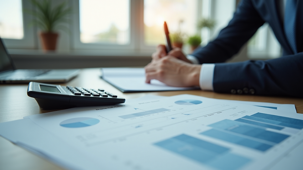Eye-level view of a modern office desk with financial documents and calculator