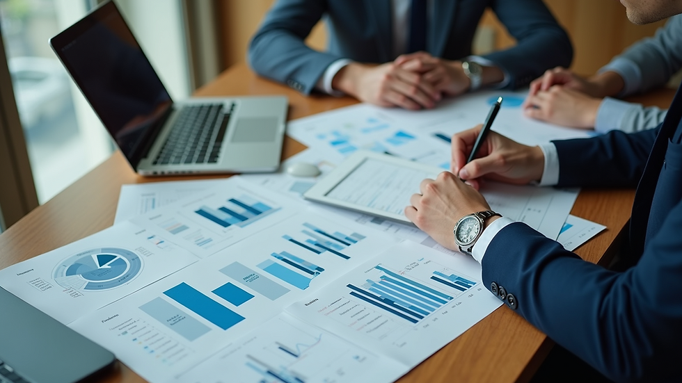 High angle view of a business meeting with charts and laptops on the table