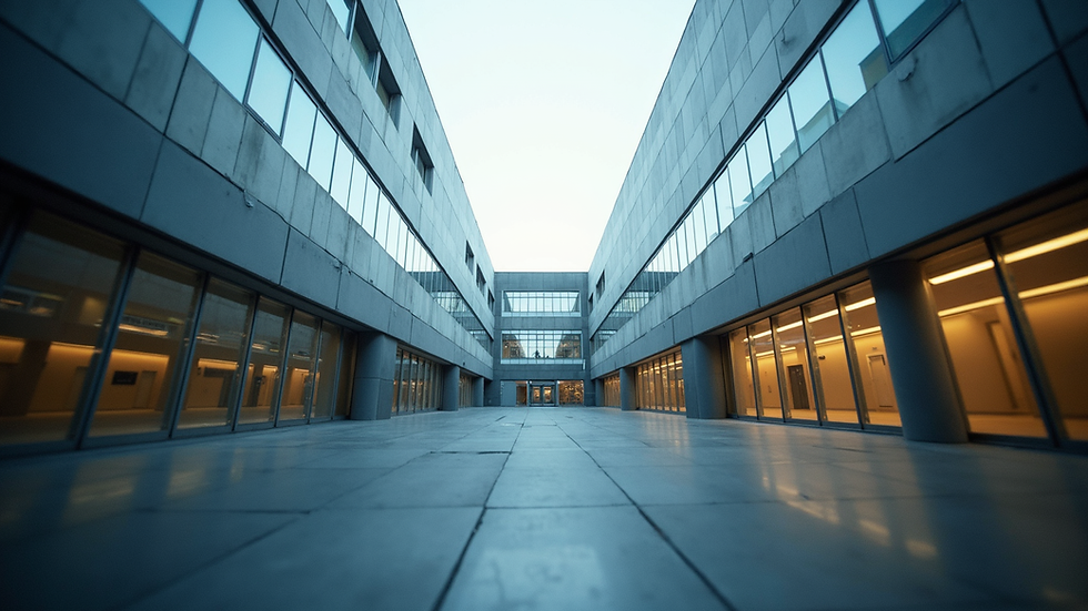 Eye-level view of a modern office building in Stockport