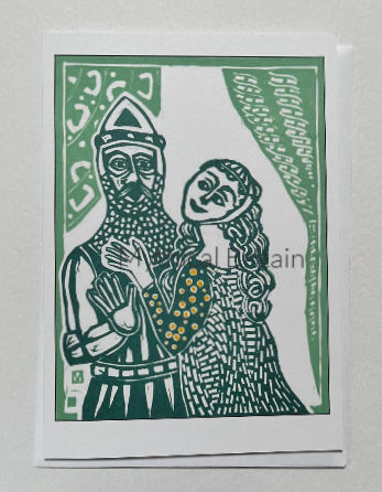 Greetings card showing a linocut print of a shocked medieval knight about to be kissed by his lady