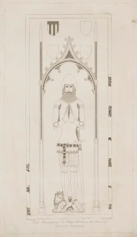 Drawing of the memorial brass to Sir Philip Peletoot at Watton at Stone in Hertfordshire