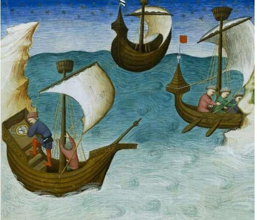 Medieval picture of ships at sea with sails, rocks and a sailor using a compass.
