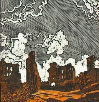 Linocut image of the ruins of Sheriff Hutton castle by linocut printmaker Michael Smith