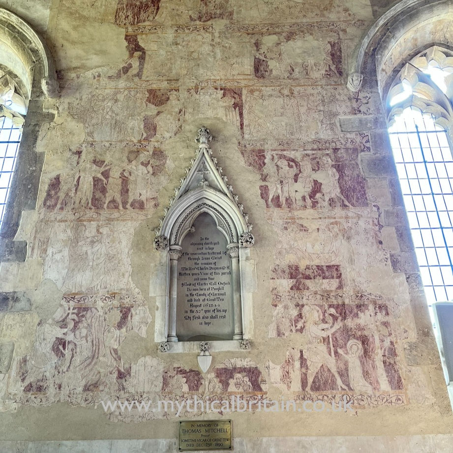 medieval wall paintings on church wall at Great Tew