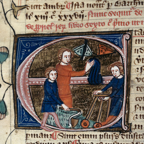 Medieval manuscript showing three children at play