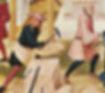 16th century painting of stonemasons at work on a block of tufa limestone.