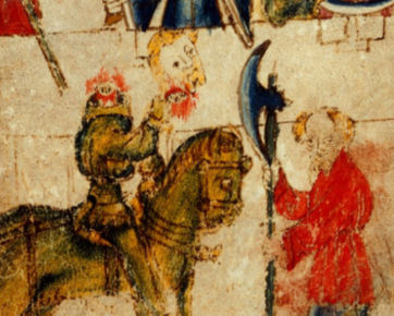 Detail of a medieval manuscript image showing the Green Knight with his severed head confronting Sir Gawain bearing the axe