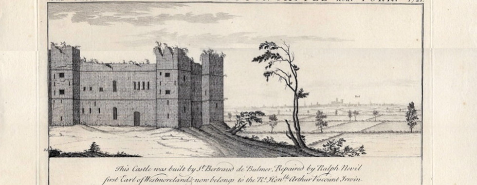 Old print of a castle in black and white with a tree in the foreground and copperplate lettering describing the scene