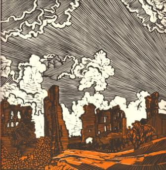 Linocut print of castle ruins against a dramatic grey and cloudy sky