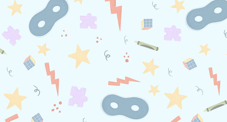 Background image with superhero masks, lightning bolts, stars, crayons, and Rubik's cubes