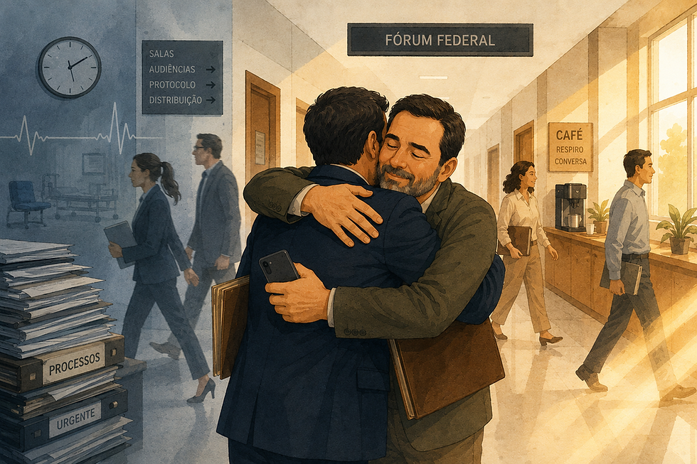 Dois amigos se abraçam emocionados em corredor de fórum, simbolizando reencontro, superação e esperança após período de doença.