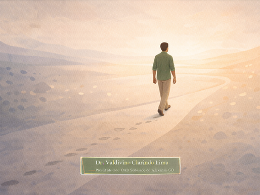 Homem caminha sozinho por um deserto simbólico, deixando pegadas em direção a um horizonte de esperança.