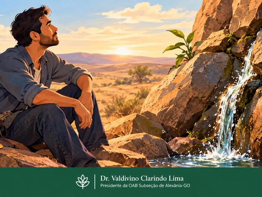 Pedro diante do deserto, com água brotando de uma rocha e um pequeno broto verde.