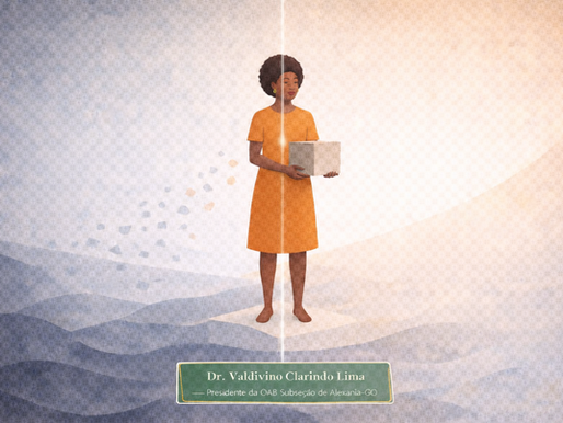 mulher segura um pacote e aparenta caminhar sobre as águas com um olhar sereno