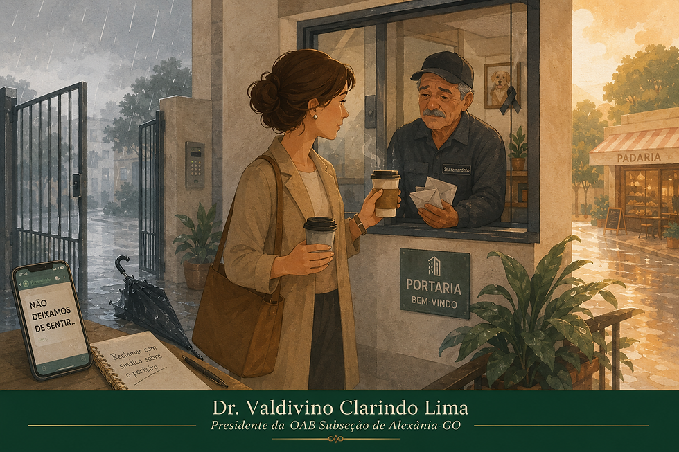 Ilustração editorial em estilo flat cartoon mostrando uma mulher entregando café ao porteiro de um prédio em manhã chuvosa, simbolizando empatia, paz e humanidade cotidiana.
