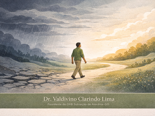 Homem caminha da tempestade para um caminho iluminado, simbolizando superação e recomeço.