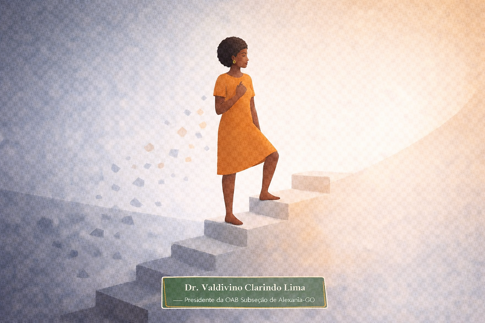 mulher negra de vestido laranja subindo escada, representando ascensão e com a mão direita sobre seu peito, representando o amor próprio