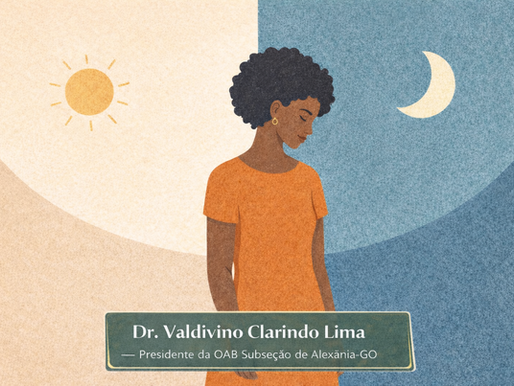 Mulher afro com vestido laranja, ao fundo sol e lua, luz e sombra