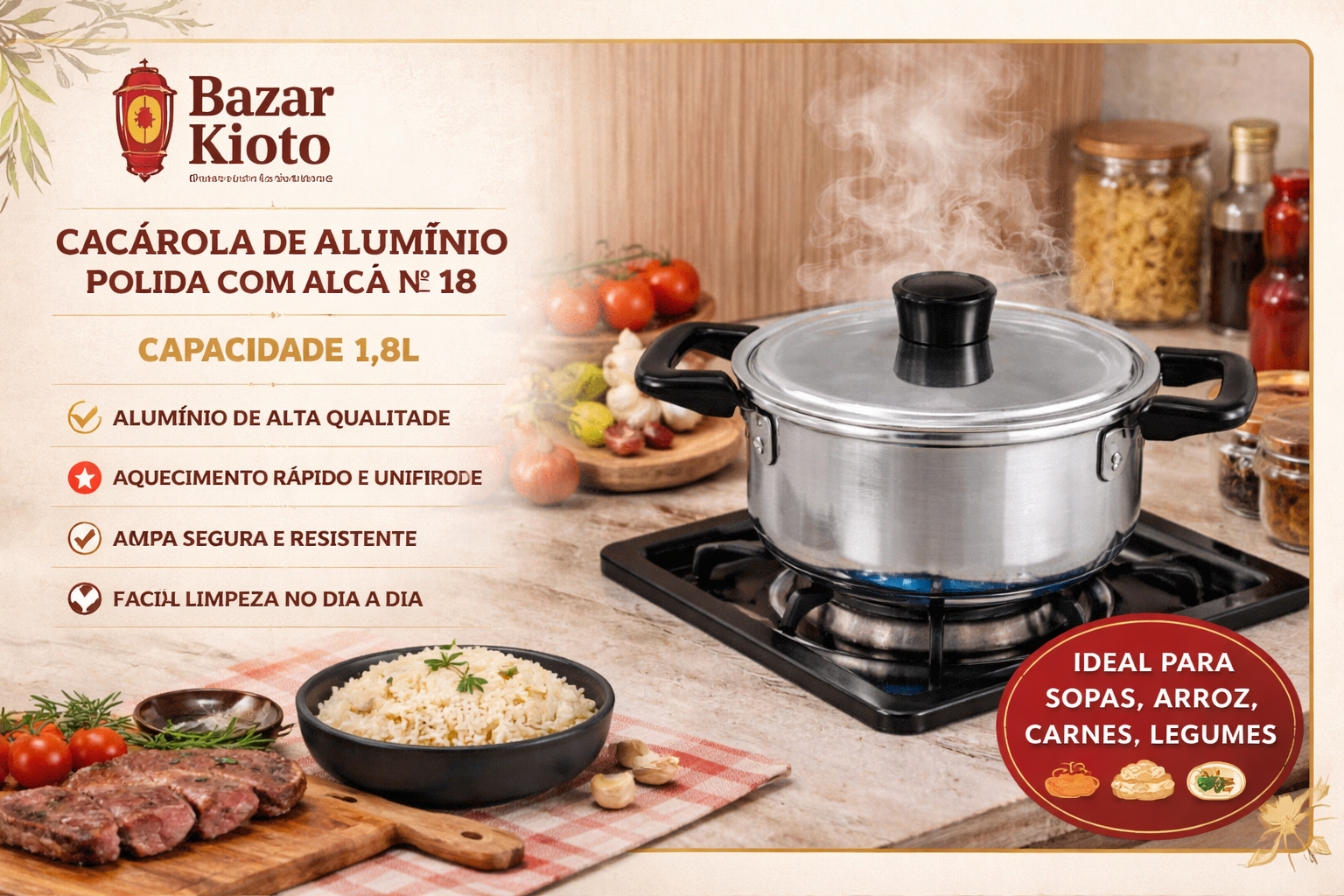 Caçarola Alumínio Polido Nº 18 1,8L Tampa Alça Baquelite