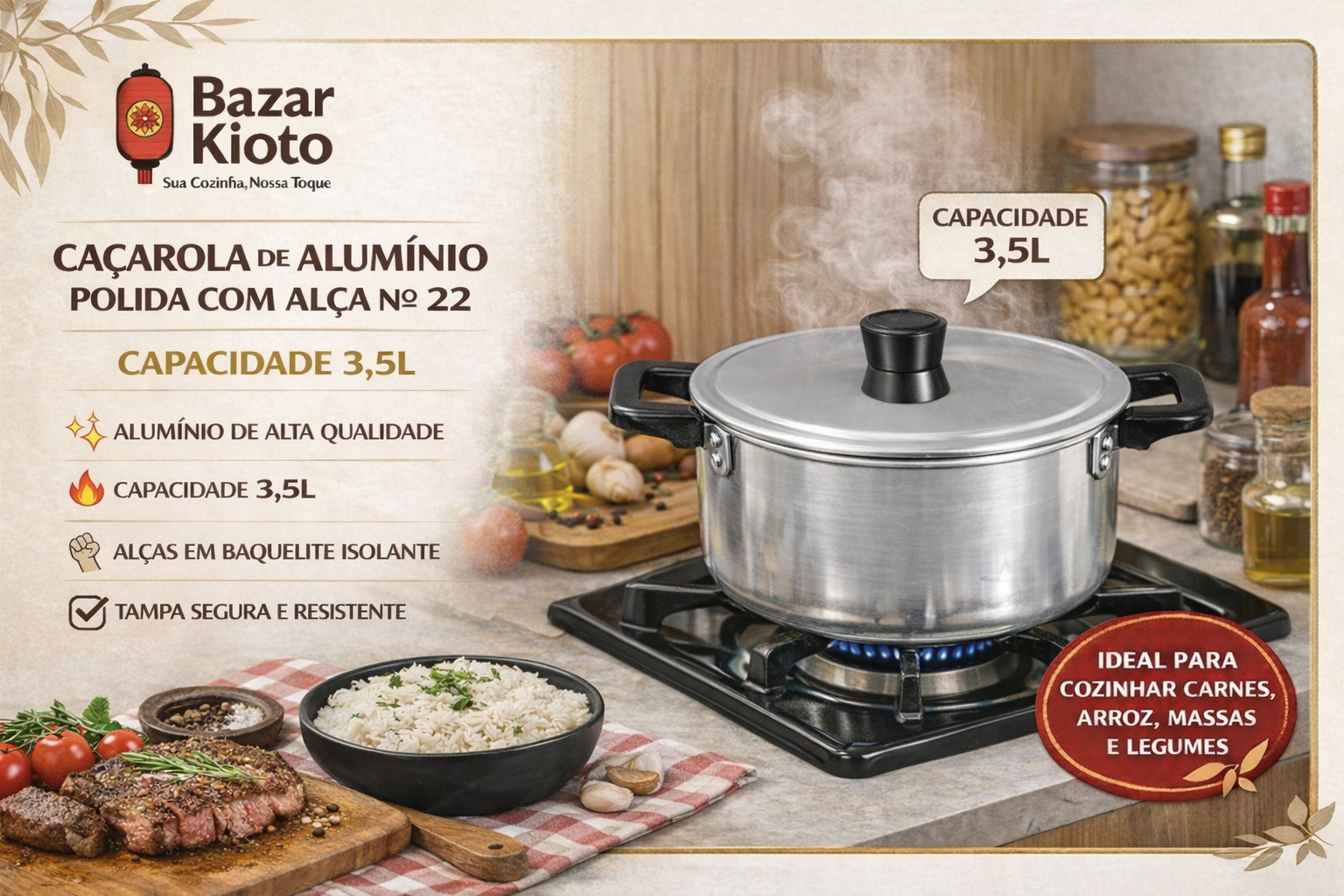 Caçarola Alumínio Polido Nº 22 3,5L Tampa Alça Baquelite
