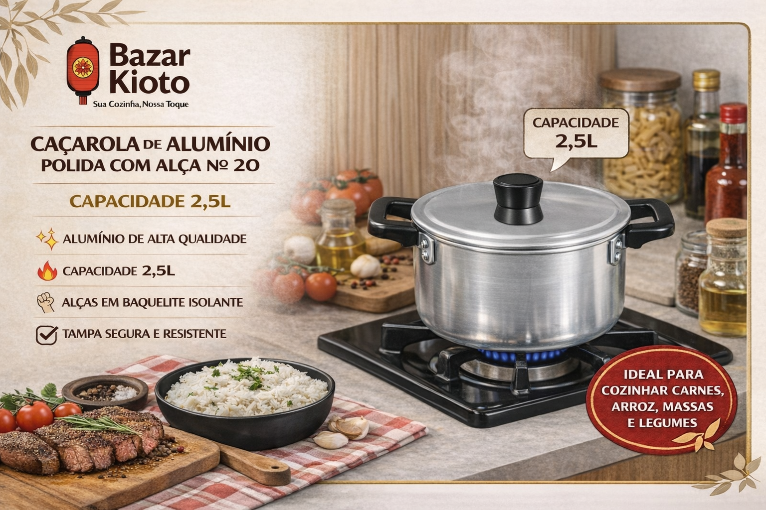 Caçarola Alumínio Polido Nº 20 2,5L Tampa Alça Baquelite