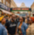 Black group travel experience in London visiting Brixton's Electric Avenue with Kiya & CO., exploring iconic sights along with Black cultural Afro diaspora culture and Afro Caribbean markets.