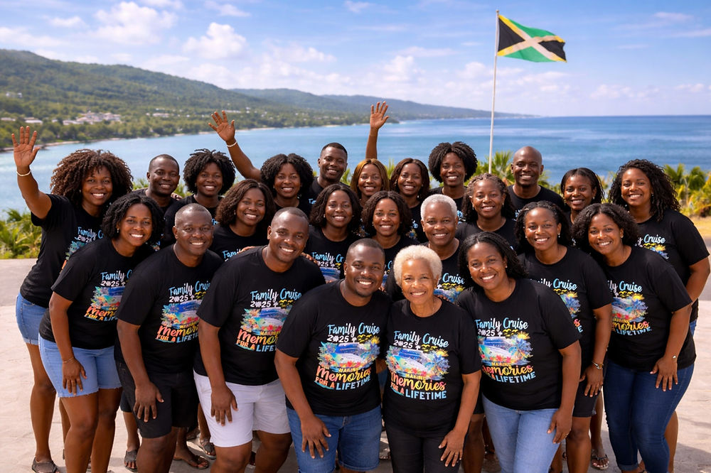 Family reunion cruise with multi-generational Black family enjoying a luxury ship deck overlooking the ocean during sunset