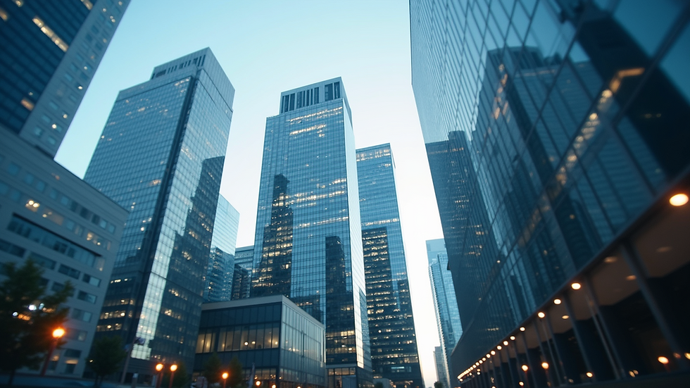 Close-up view of a modern skyline with financial institutions