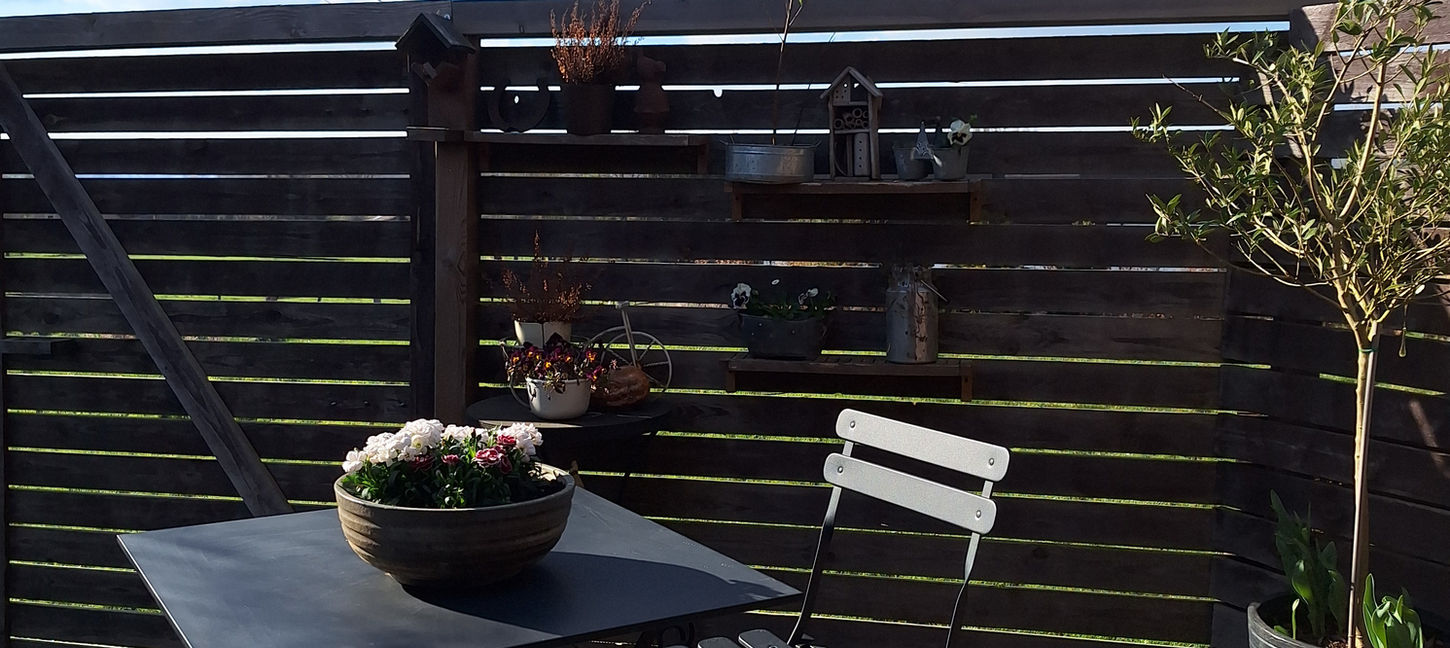 Vue sur l'extérieur de la tiny house Temps 1solite par une belle journée, montrant l'intimité du lieu.