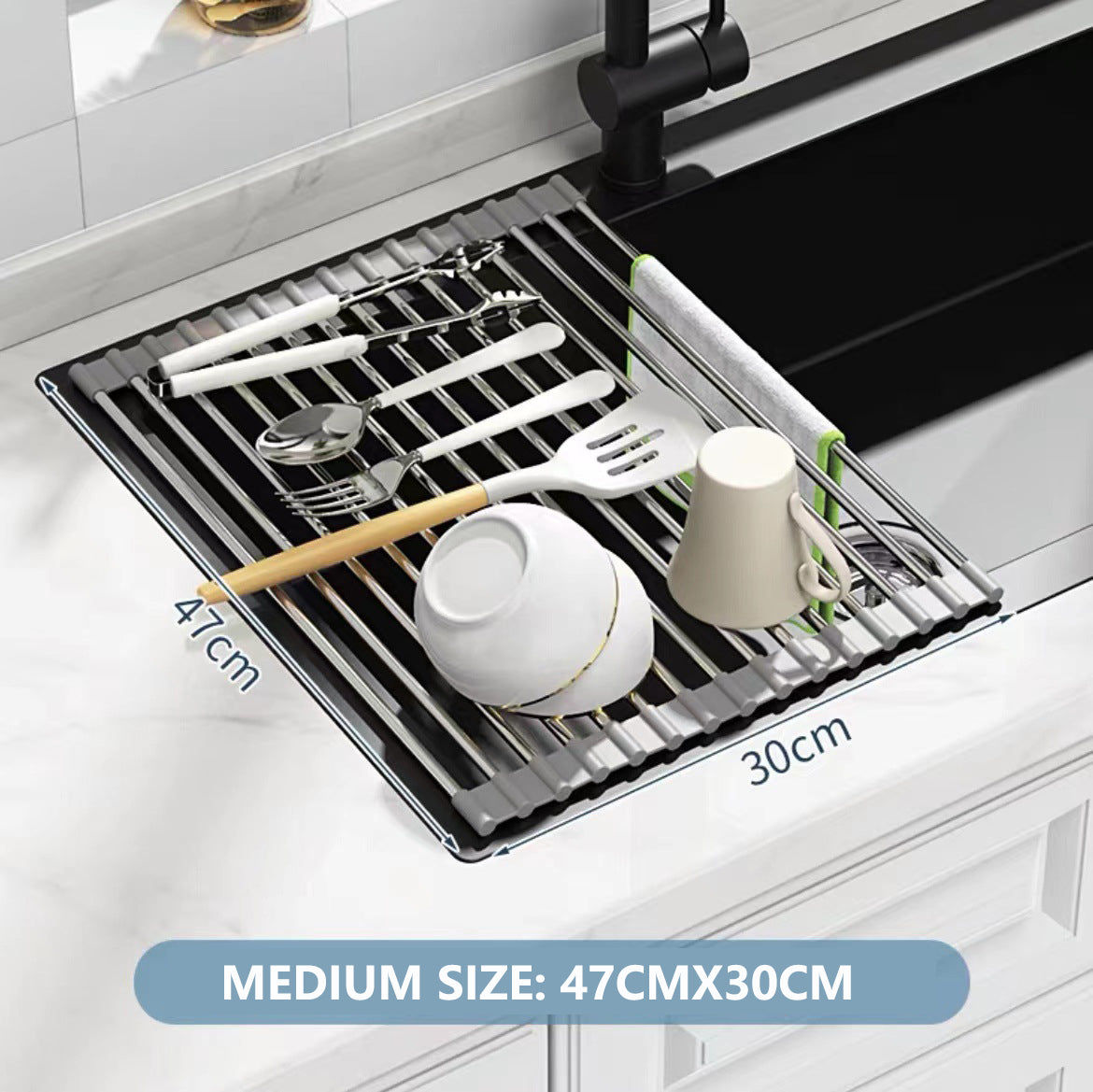 Kitchen Roll-Up Dish Drying Rack Foldable Drainer Over Sink - Stainless Steel