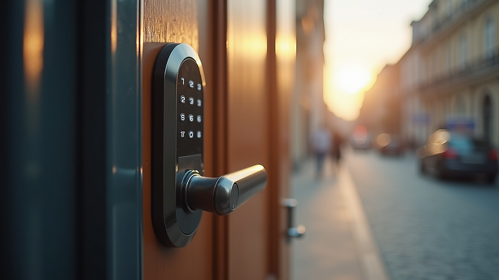 Close-up view of a smart lock on a front door with a keypad