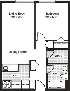 A floor plan of the one-bedroom apartment at Valleyview Apartments