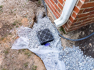 Bassin collecteur en plastique installé sous un tuyau de descente pour atténuer les problèmes de drainage contre une maison en brique rouge