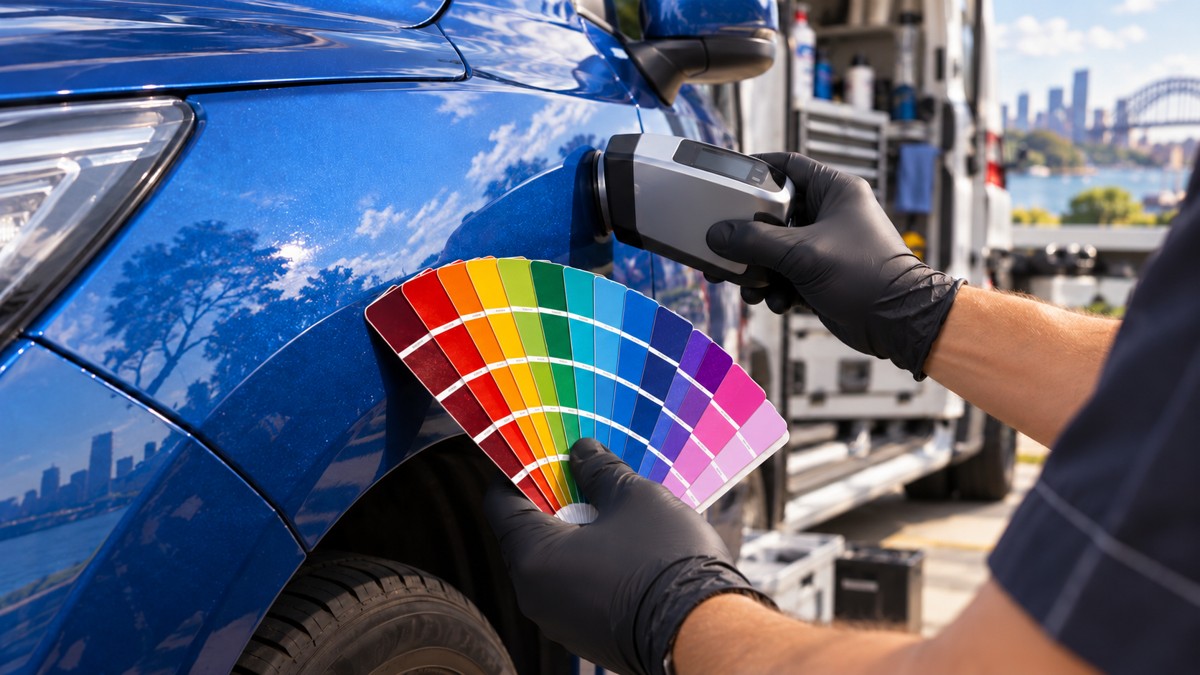 AI-generated illustration: Car Paint Colour Matching Sydney; illustrative service image, not a completed customer job