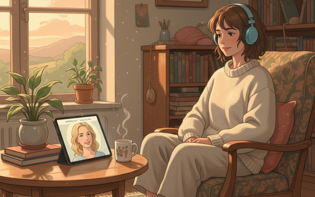 Personne installée chez elle avec un casque face à sa sophrologue pendant une séance de sophrologie en ligne.