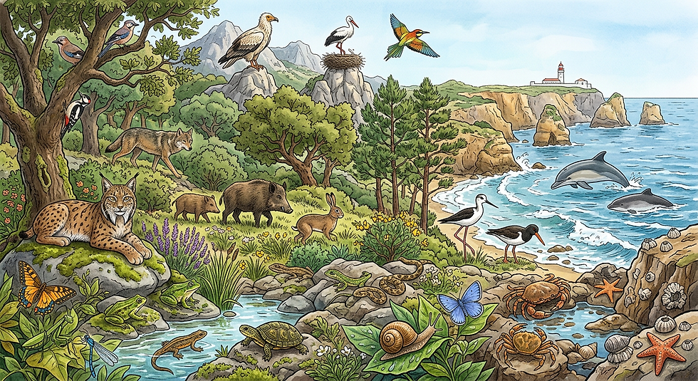 Firefly_Gemini Flash_Create a illustration that represents the wildlife of Portugal, must
