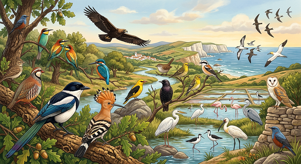 Firefly_Gemini Flash_Create a illustration that represents the birds of Portugal. Must be