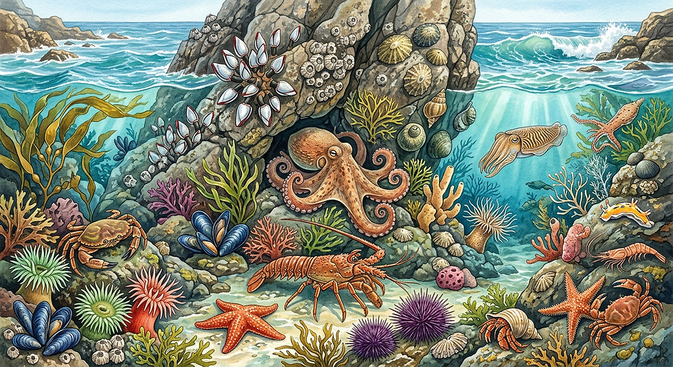 Firefly_Gemini Flash_Create a illustration that represents the coastal invertebrates of Po