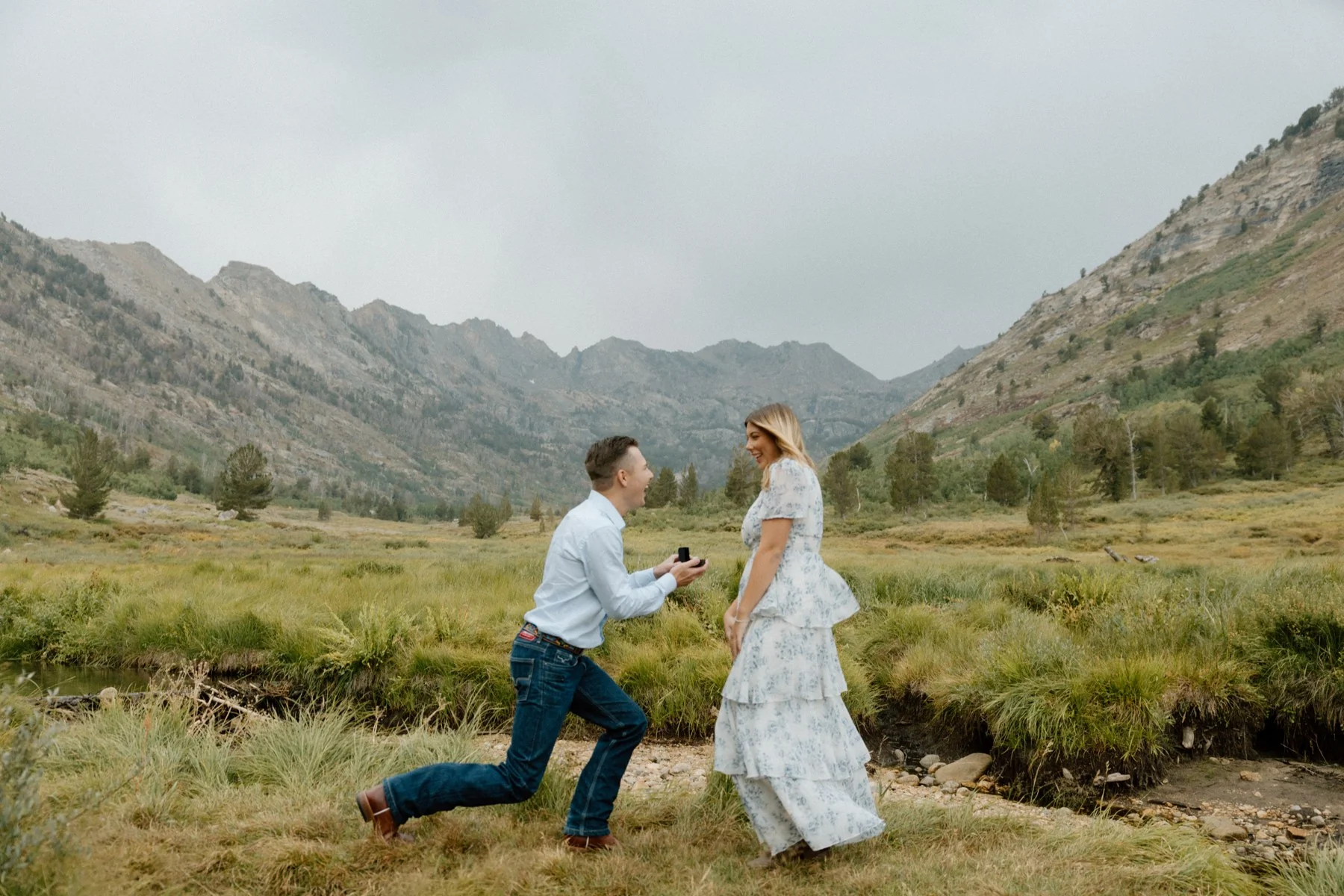 A man kneeling before his partner in a mountain meadow
