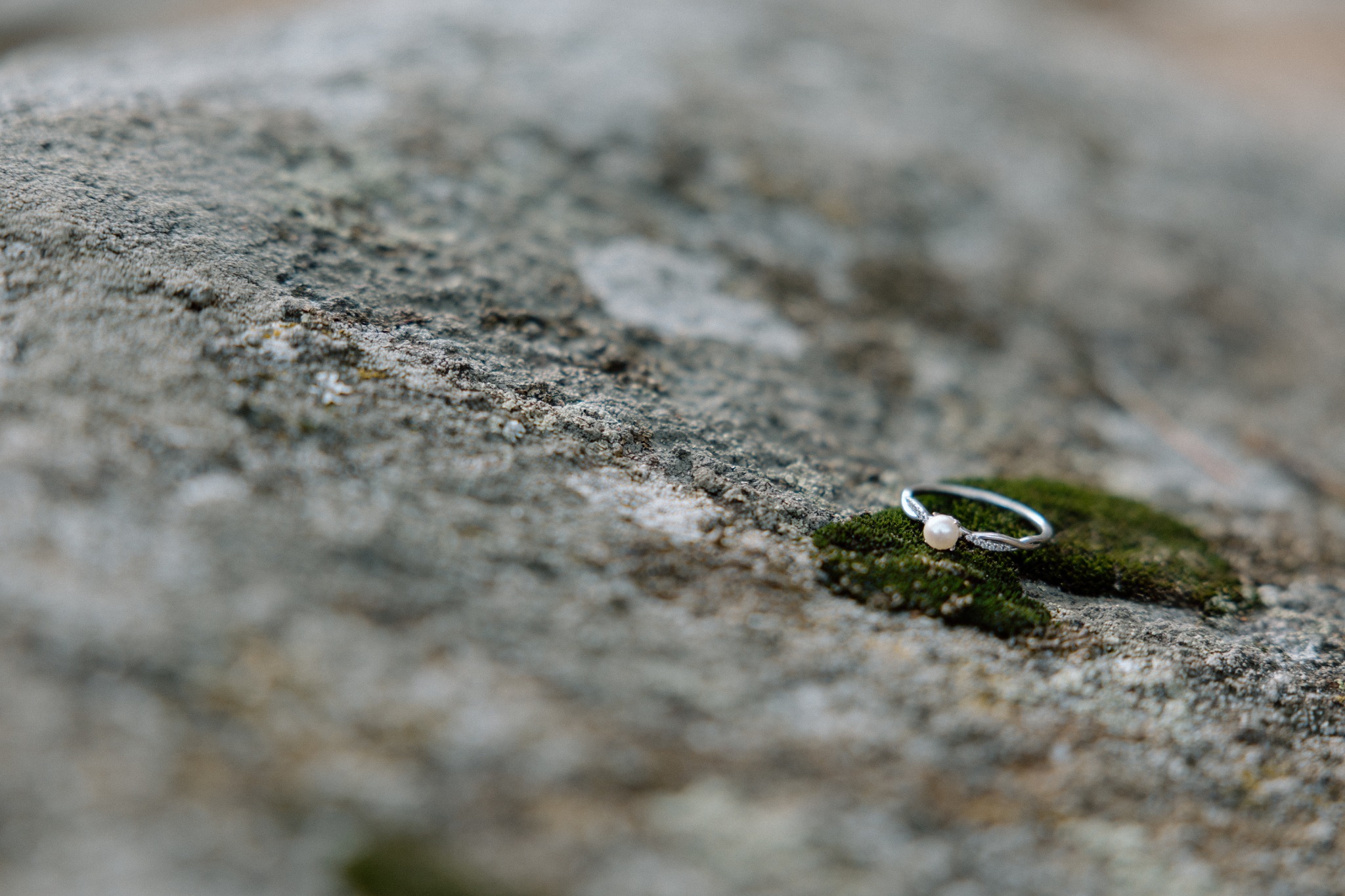An engagement ring resting on moss in a textured rock