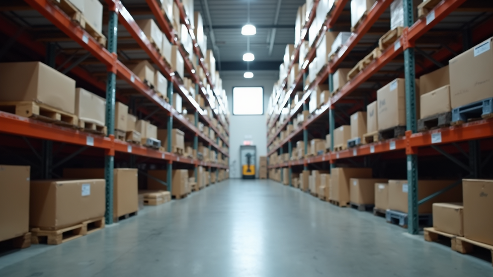 Eye-level view of a modern warehouse with organized shelves and packages