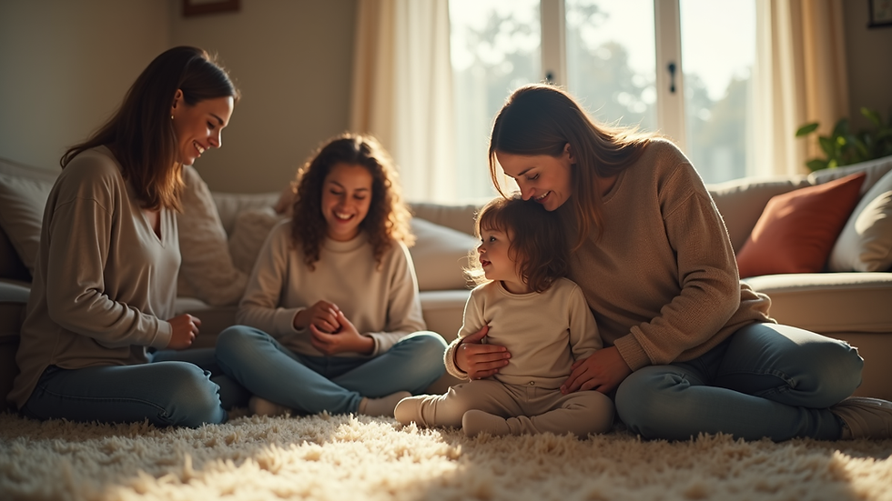 Eye-level view of a cozy living room with a mother and child surrounded by supportive friends