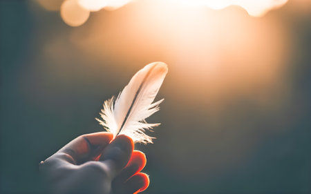 plume dans une main, coucher de coleil