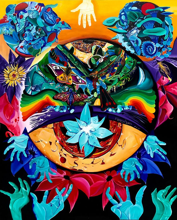 Life Over Death (2019) by Moschburg, a densely layered surreal painting of reaching blue hands, distorted figures, symbolic objects, and a blue lotus within a vibrant multicolored composition.